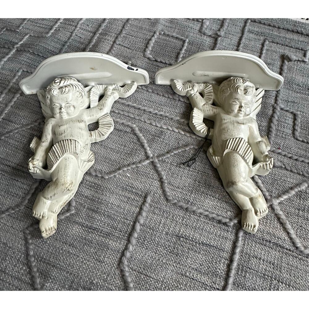 Vintage Cherub Wall Shelves Sconces set 2 pair angels ivory display cottage art